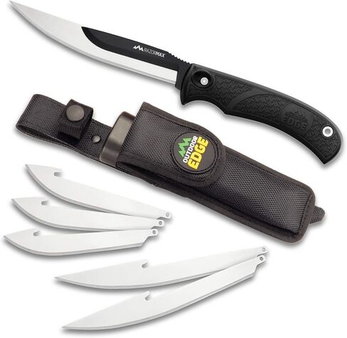 OUTDOOR EDGE RazorMax - Replaceable Fixed Blade Hunting Knife with 3.5" Drop-Point, 5" Boning/Fillet Blades, Belt Sheath and Detachable Blade Carrier (Orange, 6 Blades) in Saudi Arabia