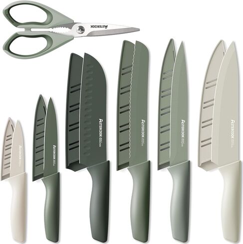Astercook Knife Set, 13 Pieces Kitchen Knives Set with Healthy Anti-Rust Coating, Dishwasher Safe, Stainless Steel Chef Knife Sets with 6 Blade Guards, Perfect Holiday Gifts for Kitchen Green in Saudi Arabia