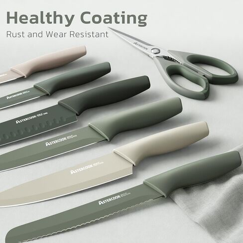 Astercook Knife Set, 13 Pieces Kitchen Knives Set with Healthy Anti-Rust Coating, Dishwasher Safe, Stainless Steel Chef Knife Sets with 6 Blade Guards, Perfect Holiday Gifts for Kitchen Green in Saudi Arabia
