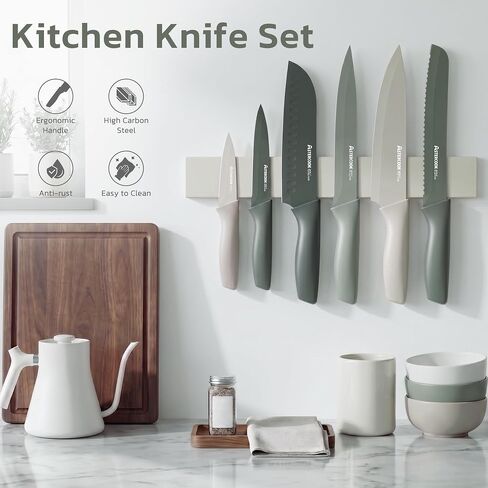 Astercook Knife Set, 13 Pieces Kitchen Knives Set with Healthy Anti-Rust Coating, Dishwasher Safe, Stainless Steel Chef Knife Sets with 6 Blade Guards, Perfect Holiday Gifts for Kitchen Green in Saudi Arabia