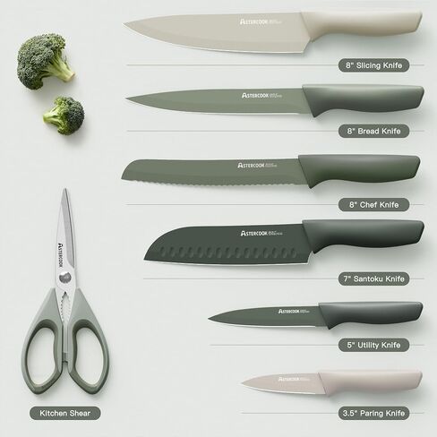 Astercook Knife Set, 13 Pieces Kitchen Knives Set with Healthy Anti-Rust Coating, Dishwasher Safe, Stainless Steel Chef Knife Sets with 6 Blade Guards, Perfect Holiday Gifts for Kitchen Green in Saudi Arabia
