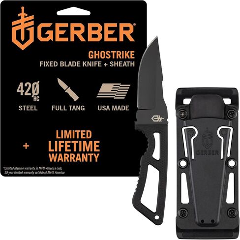 Gerber Gear Ghostrike Fixed 3.3" Blade Knife - 420HC Stainless Steel with Black Ceramic Coating, Diamond-Texture Grip, EDC, Modular Sheath, Made in USA in Saudi Arabia