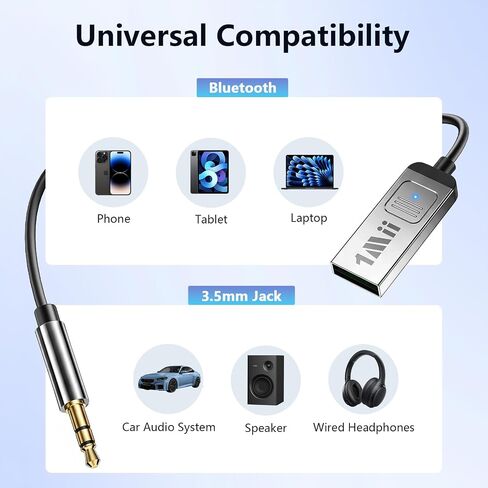 1Mii Aux Bluetooth 6.0 Car Adapter, 3.5mm Bluetooth Audio Receiver Cord | For Car Speaker Home Audio, USB Powered, Built-in Mic for Hands-Free Calls, Wireless Music Streaming, Plug & Play in Saudi Arabia
