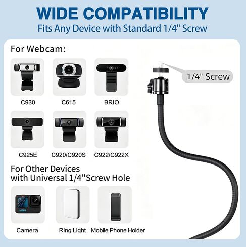 Webcam Stand Mount, Flexible Gooseneck Webcam Arm Stand with Desk Camera Mount Clip Clamp for Logitech C922 C930e C920S C920 C615 C960 C920x Brio 4K NexiGo N60 and More in Saudi Arabia