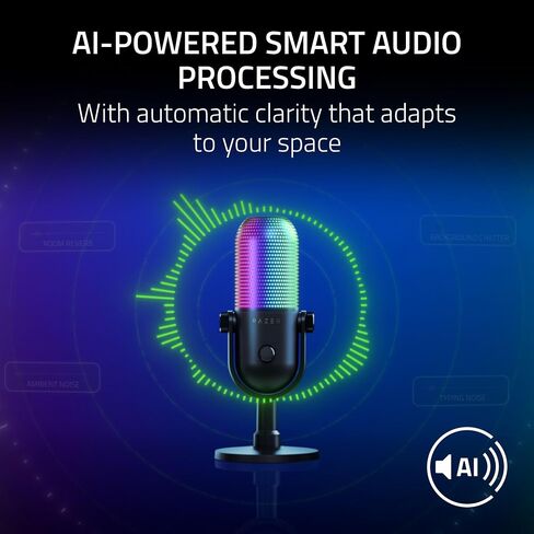 Razer Seiren V3 Chroma 32-Bit DSP، ميكروفون USB-C للكمبيوتر الشخصي وماك، أبيض | معالجة الصوت بتقنية الذكاء الاصطناعي، عزل الضوضاء، النقر لكتم الصوت، ميكروفون مكثف فائق القلب، Chroma RGB، Discord، OBS Studio، Streamlabs in Kuwait