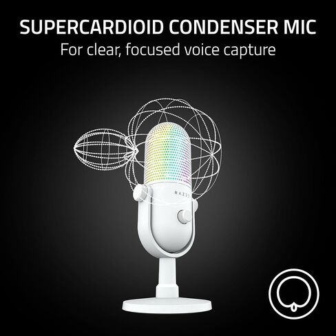 Razer Seiren V3 Chroma 32-Bit DSP، ميكروفون USB-C للكمبيوتر الشخصي وماك، أبيض | معالجة الصوت بتقنية الذكاء الاصطناعي، عزل الضوضاء، النقر لكتم الصوت، ميكروفون مكثف فائق القلب، Chroma RGB، Discord، OBS Studio، Streamlabs in Kuwait