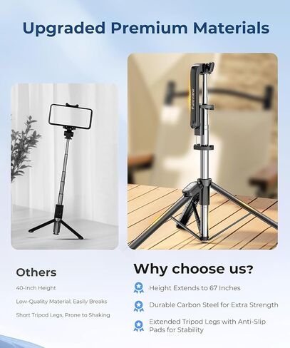 Fuloview 67" Selfie Stick Tripod for iPhone, Lightweight Travel Phone Tripod with Wireless Remote, Extendable Cell Phone Stand for Photography, Video & Live Streaming – Black in Saudi Arabia