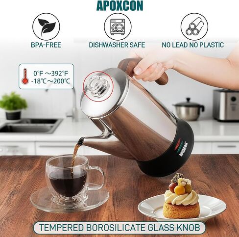 APOXCON Electric Coffee Percolator Stainless Steel Coffee Maker with Two Heat Resistant Glass Knob & Treated Solid Wood Handle Keep Warm Cordless Serve Elegant Design Coffee Pot On/OFF Switch 8 Cup in Saudi Arabia
