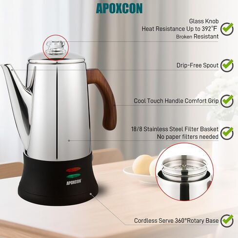 APOXCON Electric Coffee Percolator Stainless Steel Coffee Maker with Two Heat Resistant Glass Knob & Treated Solid Wood Handle Keep Warm Cordless Serve Elegant Design Coffee Pot On/OFF Switch 8 Cup in Saudi Arabia
