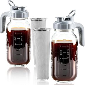 Cold Brew Coffee Maker 64oz Glass Mason Jar Pitcher with Pour Spout Lid | Airtight & Leak-Proof Glass Iced Coffee Pitcher with 304 Stainless Steel Filter Cold Brew Pitcher with Ergonomic Handle 2 Set in Saudi Arabia