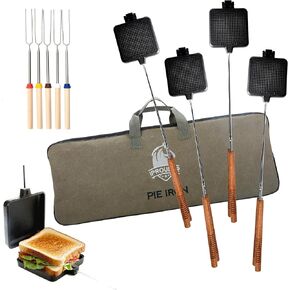 Campfire Pie Iron 4.9" Large Cast Iron Sandwich Maker for Camping 2 Pcs with Storage Bag - 21.7 inch Adjustable Handles - Campfire Cooking Equipment for Grilling & Outdoor Cooking in Saudi Arabia