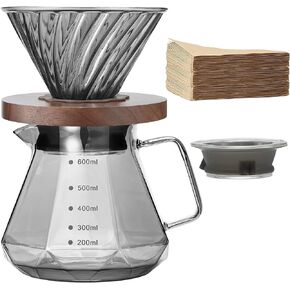 Lalord Pour Over Coffee Maker, 20 oz Borosilicate Glass Carafe with 100 pcs V60 Paper Filter, Walnut Handle & Glass Lid, Drip Coffee Maker for Home Café Restaurant Camping, 600 ml, Clear in Saudi Arabia