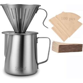Lalord Pour Over Coffee Maker, 304 Stainless Steel wIth 100 pcs Paper Filters & 600ml Milk Frothing Pitcher, for Home & Camping in Saudi Arabia