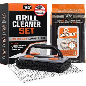 Proud Grill Q-Swiper Easy-Clean BBQ Grill Cleaner, Grate Cleaner, Value Set | 1 Bristle-Free Brush with Scraper & 80 Cleaning Wipes, Grease & Grime Remover for Grates, Griddle, Smoker Cleaning Solution in Saudi Arabia