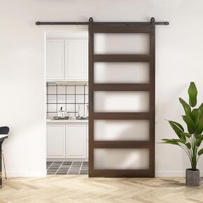 BARNSMITH 48in x 96in Glass Barn Door and 8FT Sliding Door Hardware Included, 5-Panel Frosted Glass Sliding Barn Door, Solid Wood Covered with Water-Proof PVC Surface, Easy Assembly, Brown in Saudi Arabia