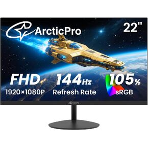 شاشة ألعاب ArcticPro مقاس 22 بوصة 144 هرتز، شاشة كمبيوتر FHD، 105% sRGB | 1080 بكسل، تباين 4000:1، بدون إطار على 3 جوانب، نحيف للغاية، حامل VESA، العناية بالعين، HDMI 1.4، VGA in Kuwait
