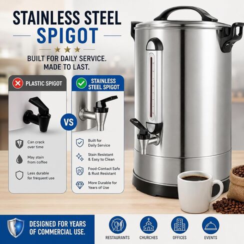 Commercial Coffee Maker 100 Cup Coffee Urn Hot Beverage Dispenser 4 Gallon 16L Large Coffee Urn Dual Layers 304 Stainless Steel 1300W Fast Brew Percolator For Business, Catering, Church in Saudi Arabia