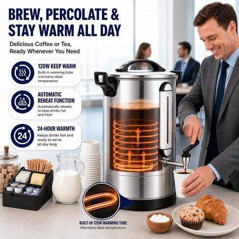 Commercial Coffee Maker 100 Cup Coffee Urn Hot Beverage Dispenser 4 Gallon 16L Large Coffee Urn Dual Layers 304 Stainless Steel 1300W Fast Brew Percolator For Business, Catering, Church in Saudi Arabia