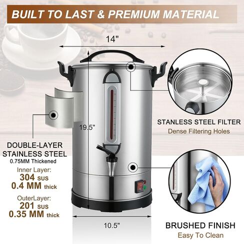 Commercial Coffee Maker 100 Cup Coffee Urn Hot Beverage Dispenser 4 Gallon 16L Large Coffee Urn Dual Layers 304 Stainless Steel 1300W Fast Brew Percolator For Business, Catering, Church in Saudi Arabia