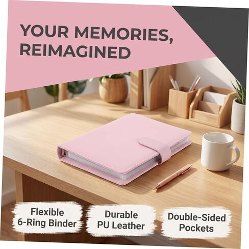 A5 6 Ring Travel Photo Album Binder with 60 Pockets, Pink | Pu Leather Soft Cover, Double Sided Inserts, Refillable Pages, Loose Leaf Storage for Pictures in Saudi Arabia
