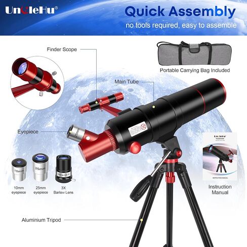 UncleHu Telescope for Adults High Powered,90mm Aperture 550mm Refractor | Professional Travel Telescope for Beginners Stargazing,with fully multi-coated,Folding Stool&Tripod&Phone Adapter& Bag in Saudi Arabia