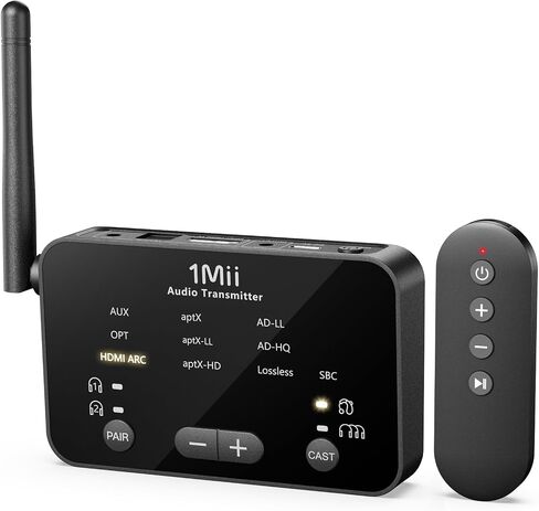 1Mii NightPair TX Auracast Bluetooth TV Transmitter for Hearing Aids | Bluetooth 6.2 Wireless Audio Adapter for Headphones with HDMI ARC, Optical, AUX Inputs, LC3, aptX Low Latency & aptX Adaptive in Kuwait
