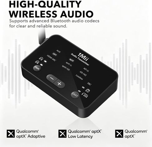 1Mii NightPair TX Auracast Bluetooth TV Transmitter for Hearing Aids | Bluetooth 6.2 Wireless Audio Adapter for Headphones with HDMI ARC, Optical, AUX Inputs, LC3, aptX Low Latency & aptX Adaptive in Kuwait