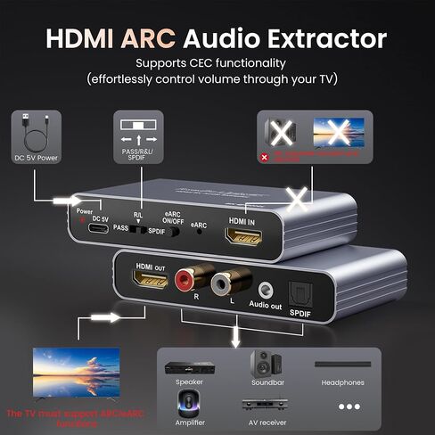 ARC HDMI Audio Extractor 4K@60Hz eARC/ARC to Optical SPDIF RCA AUX | Supports LPCM 5.1/DTS, converts HDMI ARC/eARC audio to Optical SPDIF, RCA and 3.5mm AUX for TV, PS5 and soundbar in Saudi Arabia