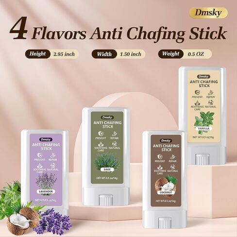 Dmsky 4 Flavors Anti Chafe Balm,Anti Chafing Stick for Men and Women,Chafing Stick with Added Emollients for Dry, Sensitive Skin,Use on Arm,Underarm,Chest,Bra Line,Thigh Chafing,Mini 0.5 OZ in Saudi Arabia