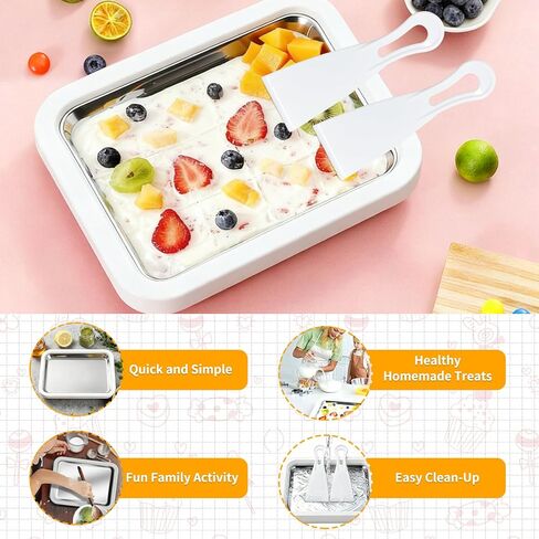 Rolled Ice Cream Maker with 2 Scrapers Food Grade Stainless Steel rolled ice cream tra for Frozen Yogurt/Slushie Birthday Gift Homemade DIY for Fun Parent-Child Activities Families (White) in Kuwait