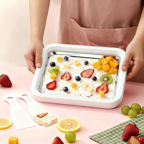 Rolled Ice Cream Maker with 2 Scrapers Food Grade Stainless Steel rolled ice cream tra for Frozen Yogurt/Slushie Birthday Gift Homemade DIY for Fun Parent-Child Activities Families (White) in Kuwait