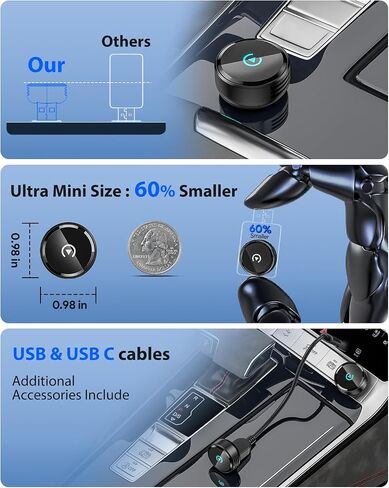 Ultra Mini Circular Wireless CarPlay & Android Auto Adapter, 3-5s Fast Auto Reconnect, Aluminum Alloy Vent Design, 2-in-1 CarPlay Wireless Adapter for iOS & Android with USB A/C Port in Saudi Arabia