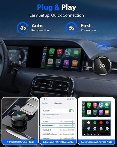 Ultra Mini Circular Wireless CarPlay & Android Auto Adapter, 3-5s Fast Auto Reconnect, Aluminum Alloy Vent Design, 2-in-1 CarPlay Wireless Adapter for iOS & Android with USB A/C Port in Saudi Arabia