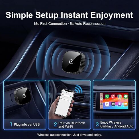 Wireless CarPlay Adapter for Apple iPhone & Android Auto 2026 Upgrade | Bluetooth & Wi-Fi, Plug & Play, 3X Fast Auto-Reconnect, No Latency, Convert Wired to Wireless Car Play Adapter (Black) in Kuwait