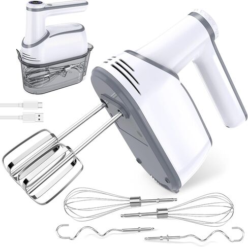binROC Cordless Electric Hand Mixer, 12-Speed with Storage Case, White | Rechargeable, Eject Button, LED, Self-Stand, 6×304 Stainless Attachment, Overheat Protection, Quiet for Baking Dough Cake Egg in Saudi Arabia