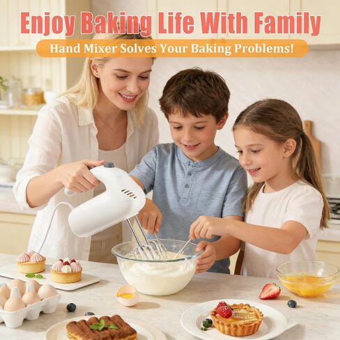 300W Hand Mixer Electric Handheld, 5 Speed Lightweight Kitchen Blender, Turbo Boost/Self-Control Speed Hand Held Beater Mixer with 4 Stainless Steel Whisks for Baking Cakes Eggs Cream, White in Saudi Arabia