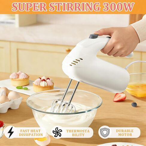 300W Hand Mixer Electric Handheld, 5 Speed Lightweight Kitchen Blender, Turbo Boost/Self-Control Speed Hand Held Beater Mixer with 4 Stainless Steel Whisks for Baking Cakes Eggs Cream, White in Saudi Arabia