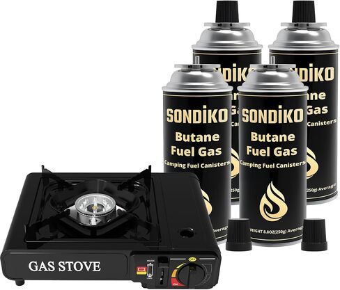 Sondiko Camping Stove with 4 Butane Canister for Outdoor Camping, Picnic | Portable Camping Stove with Butane Gas, Butane Fuel Tanks for Stove, Butane Fuel Canister-Explosion Proof - RVR System in Kuwait