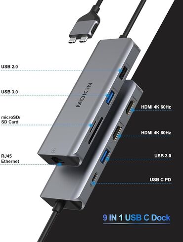 MOKiN MacBook Pro Docking Station Dual Monitor MacBook Pro/Air HDMI Adapter | 9 in 1 USB C Adapters for MacBook Pro Air Mac HDMI Dock Dongle Dual USBC to Dual HDMI,Ethernet,3USB,SD/microSD,100W PD in Saudi Arabia