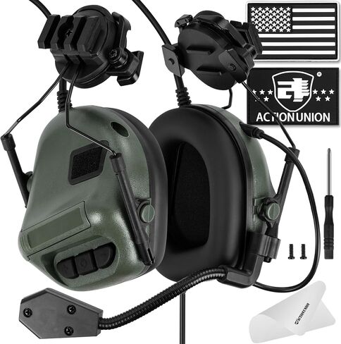 Tactical Airsoft Helmet Headset with Rail Adapter | No noise reduction, fits 19-21 mm helmet side rails, soft ear cups, 360degree swivel, detachable left/right mic, PTT required in Saudi Arabia