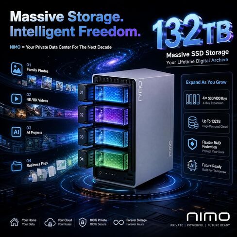 NIMO AI NAS, Agentic Computer Mini PC and AI Server, Intel Core Ultra 5 320 (up to 4.6 GHz, beat AI 5 340) up to 132TB ZFS Hybrid Storage, for 24hr AI Agent in Saudi Arabia