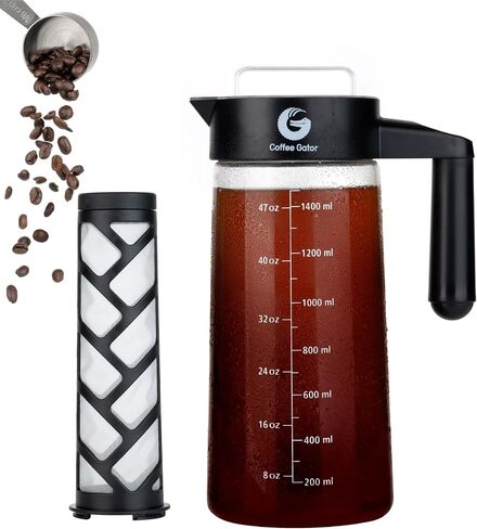 Coffee Gator Cold Brew Coffee Maker, 47 oz Iced Coffee | and Iced Tea Pitcher with Borosilicate Glass Carafe, Reusable Filter, Leak-Resistant Lid for Home Brewing, Travel, Camping in Kuwait