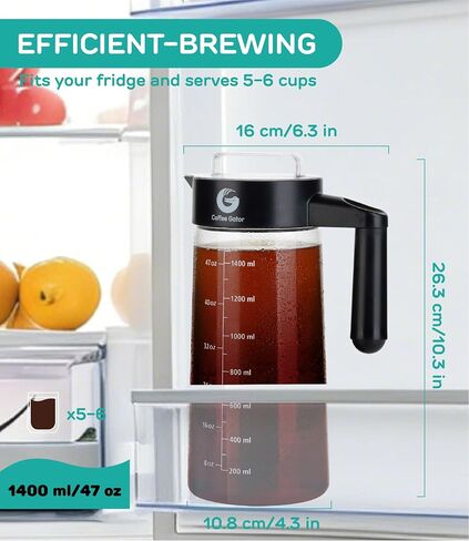 Coffee Gator Cold Brew Coffee Maker, 47 oz Iced Coffee | and Iced Tea Pitcher with Borosilicate Glass Carafe, Reusable Filter, Leak-Resistant Lid for Home Brewing, Travel, Camping in Kuwait