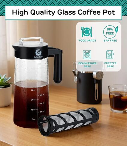 Coffee Gator Cold Brew Coffee Maker, 47 oz Iced Coffee | and Iced Tea Pitcher with Borosilicate Glass Carafe, Reusable Filter, Leak-Resistant Lid for Home Brewing, Travel, Camping in Kuwait