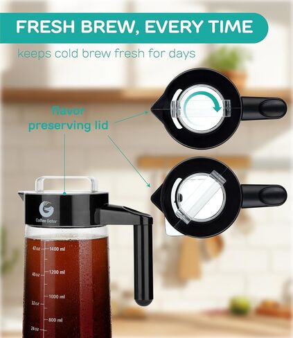 Coffee Gator Cold Brew Coffee Maker, 47 oz Iced Coffee | and Iced Tea Pitcher with Borosilicate Glass Carafe, Reusable Filter, Leak-Resistant Lid for Home Brewing, Travel, Camping in Kuwait