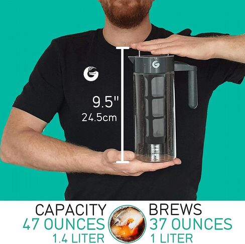Coffee Gator Cold Brew Coffee Maker, 47 oz Iced Coffee | and Iced Tea Pitcher with Borosilicate Glass Carafe, Reusable Filter, Leak-Resistant Lid for Home Brewing, Travel, Camping in Kuwait