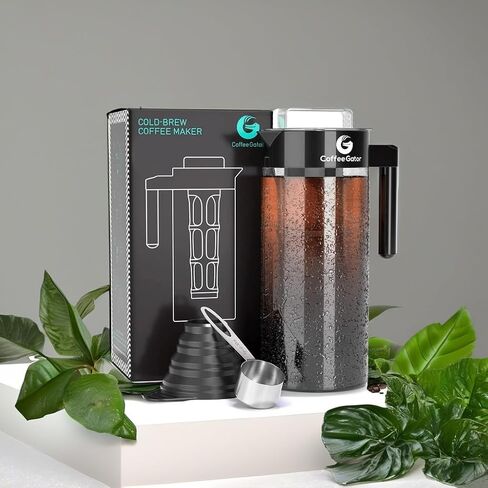Coffee Gator Cold Brew Coffee Maker, 47 oz Iced Coffee | and Iced Tea Pitcher with Borosilicate Glass Carafe, Reusable Filter, Leak-Resistant Lid for Home Brewing, Travel, Camping in Kuwait