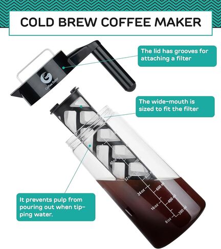 Coffee Gator Cold Brew Coffee Maker, 47 oz Iced Coffee | and Iced Tea Pitcher with Borosilicate Glass Carafe, Reusable Filter, Leak-Resistant Lid for Home Brewing, Travel, Camping in Kuwait