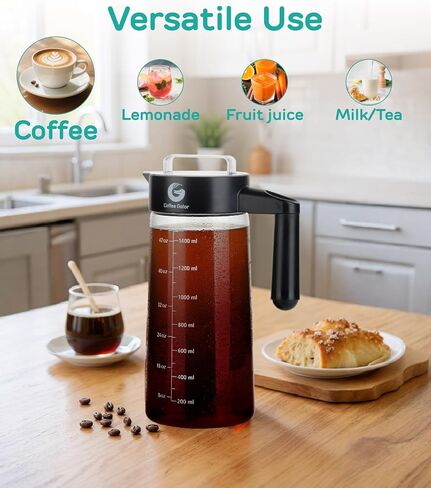 Coffee Gator Cold Brew Coffee Maker, 47 oz Iced Coffee | and Iced Tea Pitcher with Borosilicate Glass Carafe, Reusable Filter, Leak-Resistant Lid for Home Brewing, Travel, Camping in Kuwait
