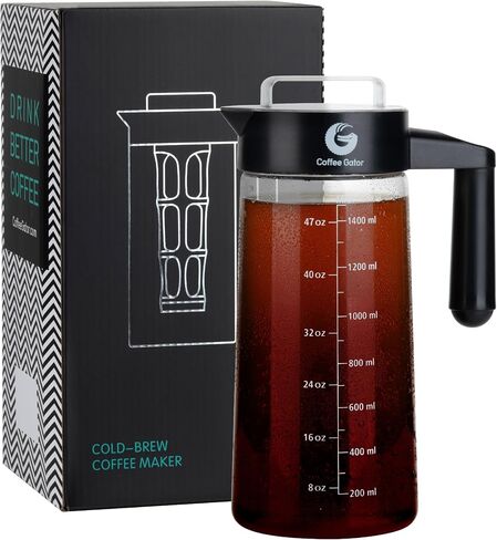 Coffee Gator Cold Brew Coffee Maker, 47 oz Iced Coffee | and Iced Tea Pitcher with Borosilicate Glass Carafe, Reusable Filter, Leak-Resistant Lid for Home Brewing, Travel, Camping in Kuwait